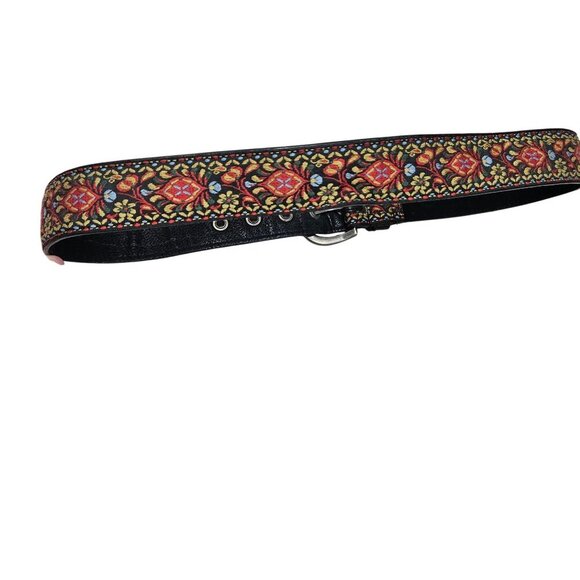 Vintage Floral Embroidered Leather Belt Silver Buckle Boho Tapestry Woven 32 - Picture 2 of 8